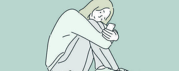 Young teenager girl suffering mobile cell phone addiction feeling lonely and depressed having insomnia needing to be connected sitting on floor. Hand drawn style vector design illustrations.