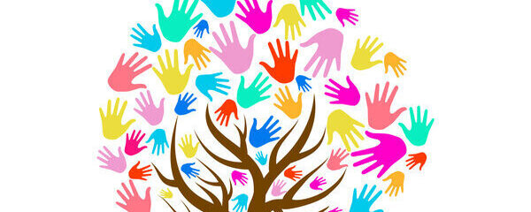 Colourful hand with tree isolate on white background.