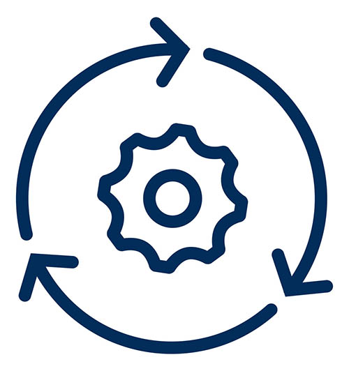 Icon depicting research: a cog surrounded by a continuous process arrow