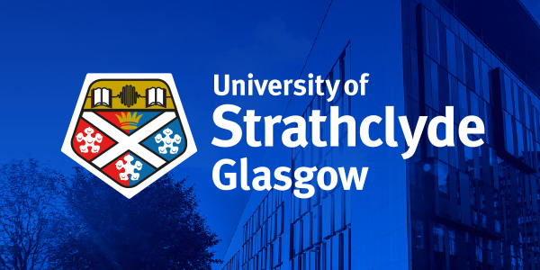 University of Strathclyde Glasgow full colour logo on a dark blue background