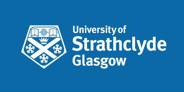 University of Strathclyde Glasgow white logo on a blue background.