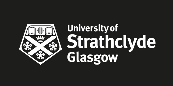 University of Strathclyde Glasgow crest logo in white against a black background.