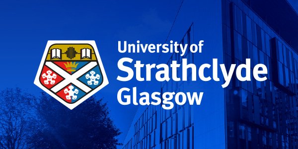 University of Strathclyde Glasgow full colour logo on a dark blue background