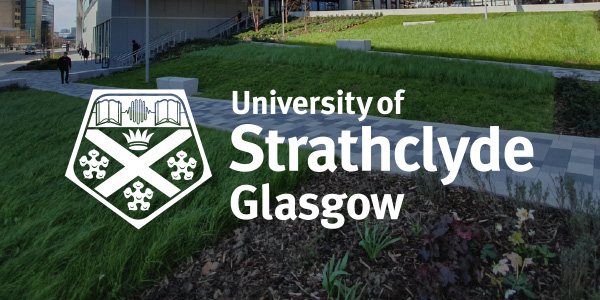 University of Strathclyde Glasgow white logo on a coloured image.