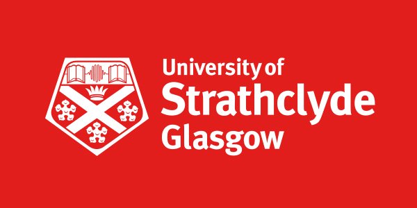 University of Strathclyde Glasgow white logo on a red background.