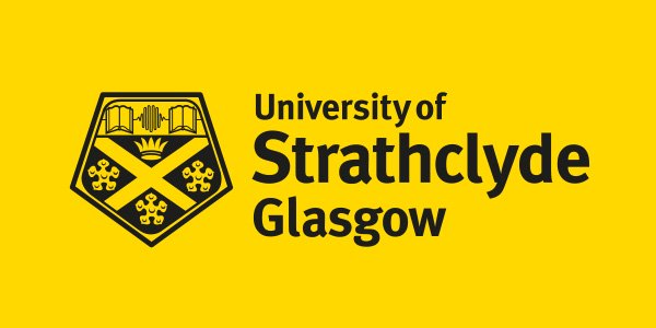 University of Strathclyde Glasgow black logo on a yellow background.