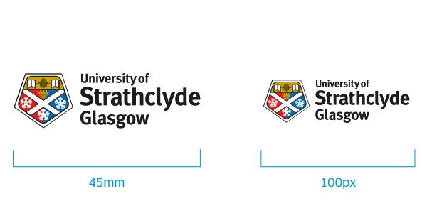 University of Strathclyde Glasgow crest logo marked with minimum sizing of 45mm and 100px.
