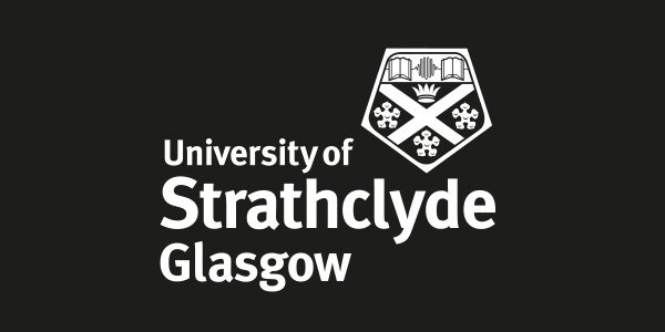 University of Strathclyde Glasgow crest logo in white against a black background.