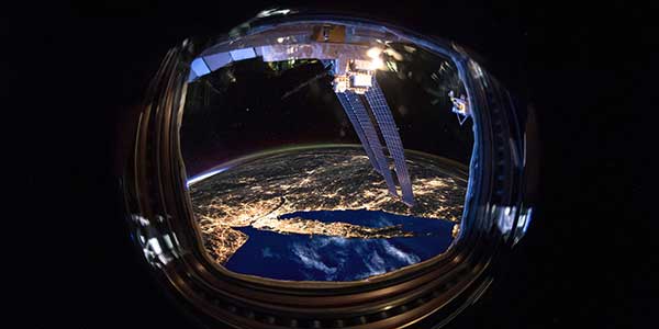  View of New York, Connecticut and New Jersey area at night with city lights from the outer space
