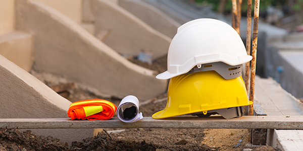 Building site with hats and hi-vis vest