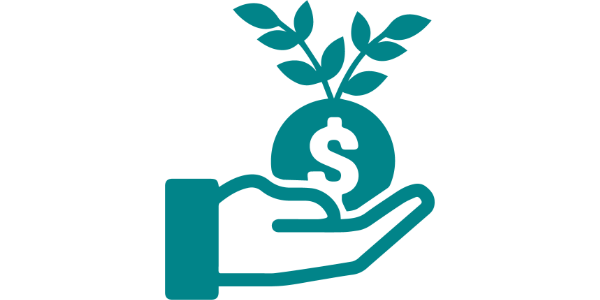 Economy icon depicting a hand holding a dollar sign and leaves 