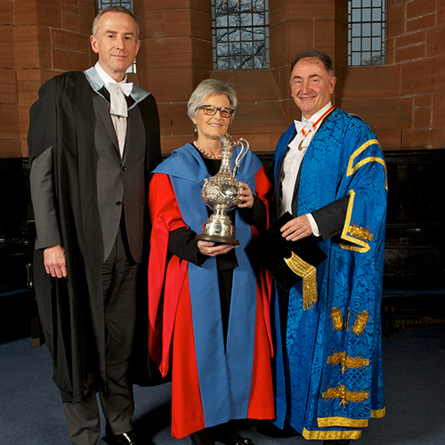 Dame Susan Bruce with her Alumna of the Year 2015 Award alongside Professor Sir Jim McDonald and David Wilson
