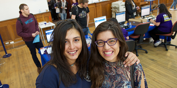 Two students at Registration during Freshers' Week Two students at Registration during Freshers' Week