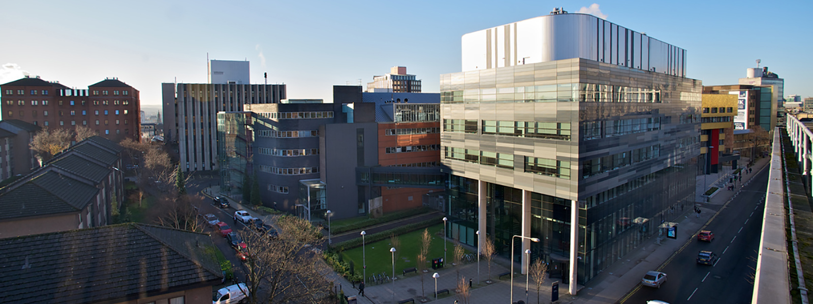 Strathclyde Institute of Pharmacy & Biomedical Sciences building and Cathedral Street