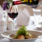 Pan Seared Scallops with Tomato and Red Pepper Chutney, Roasted Red Pepper Coulis and Micro Fennel Salad