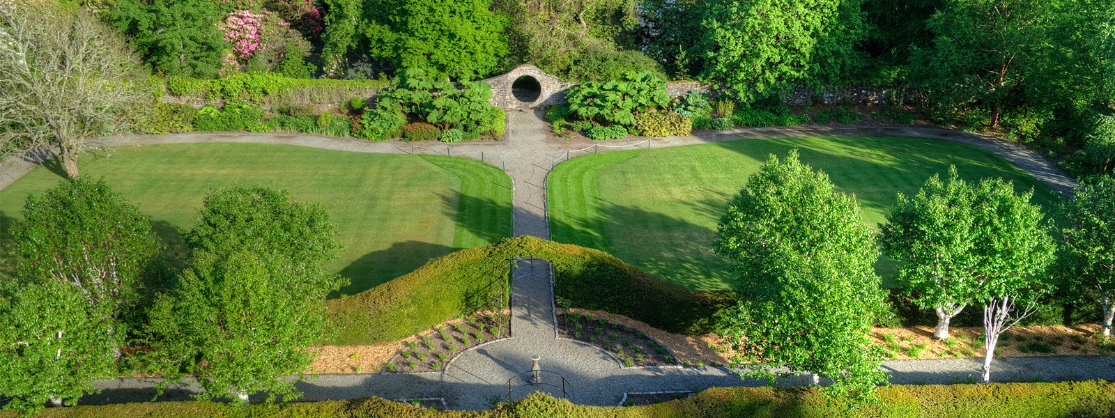 Aerial shot of the moongate in the walled garden at Ross Priory. Image courtesy of Aye in the Sky Aerial Photography