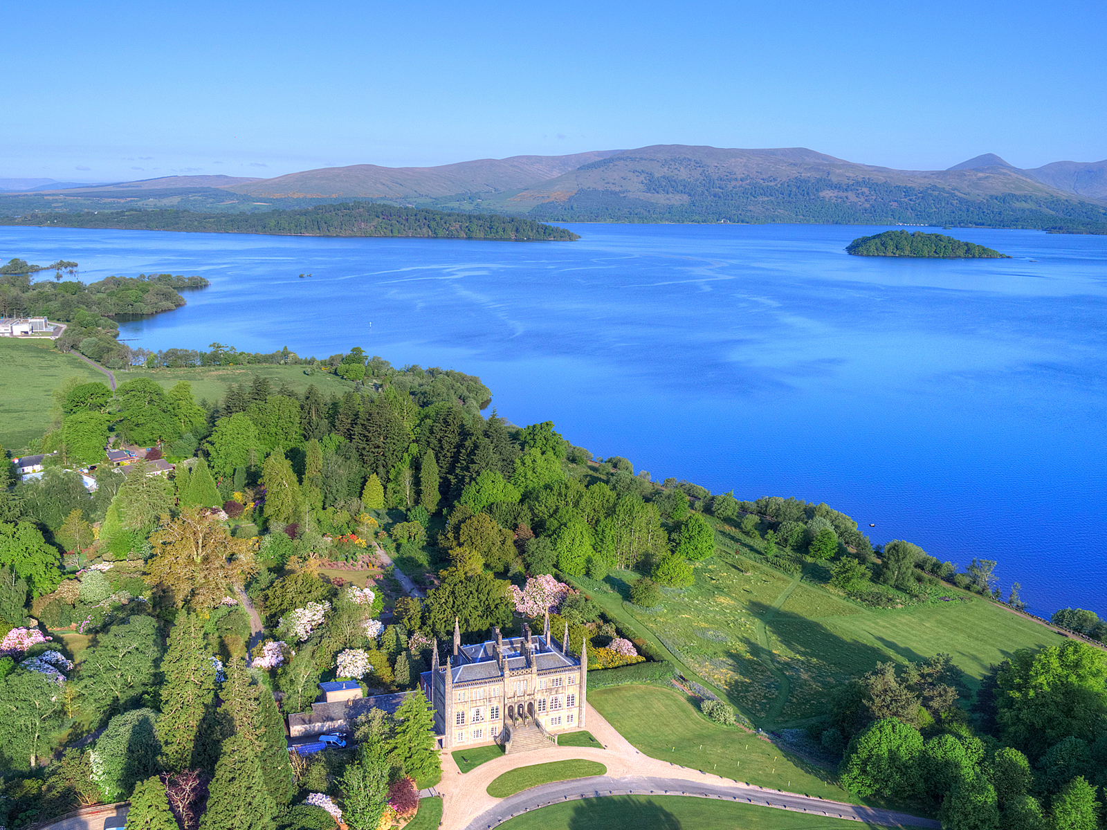 Aerial shot of Ross Priory and estate, with views over Loch Lomond. Image courtesy of Aye in the Sky.