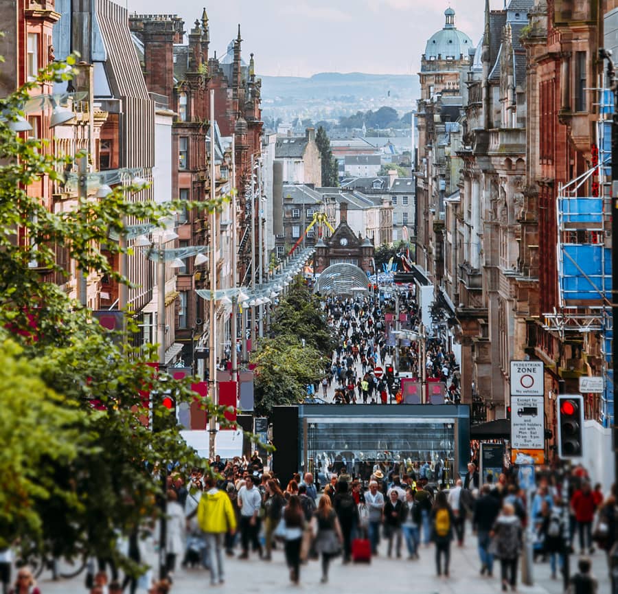 Looking down a busy Buchanan Street