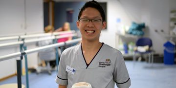 International student Nigel, from Singapore, in his Prosthetics & Orthotics clinic class