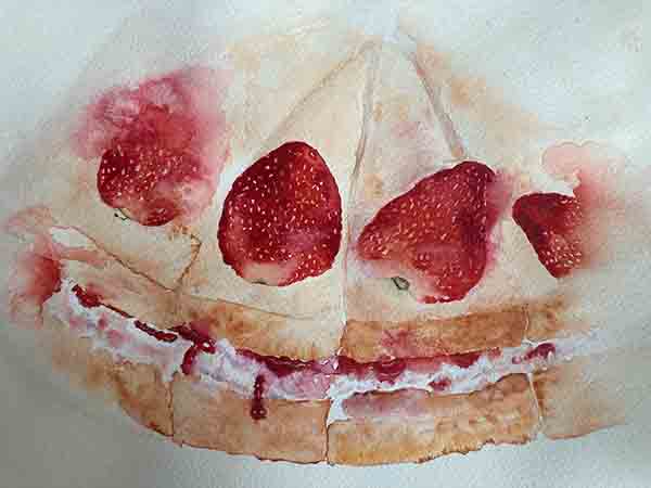 Mandy MacLean watercolour painting of a cake with strawberries on it Mandy MacLean watercolour painting of a cake with strawberries on it
