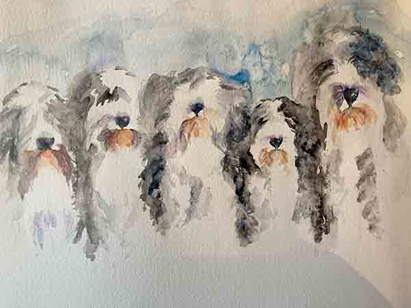 Mandy MacLean watercolour painting of four dogs Mandy MacLean watercolour painting of four dogs