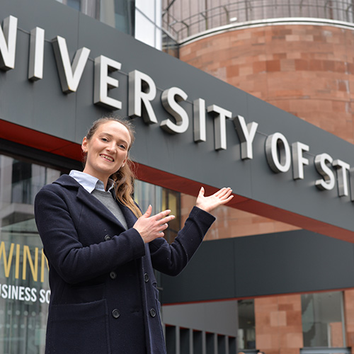 Kellie Barnes, Marketing exchange student from RMIT Melbourne, Australia, outside Strathclyde Business School building