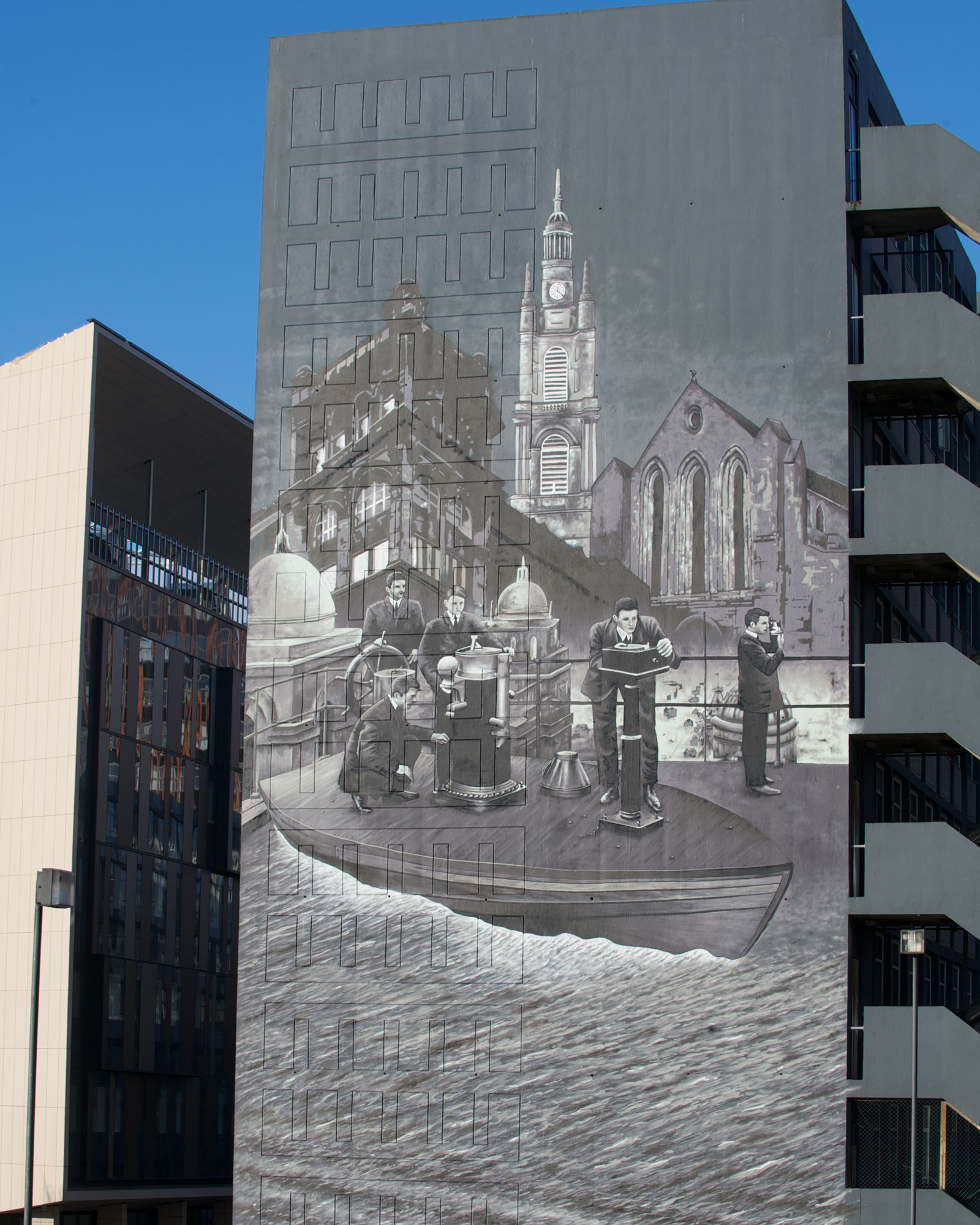 George st gable 2 - a painting of scholars using a mock navigation bridge on the roof of the School of Navigation