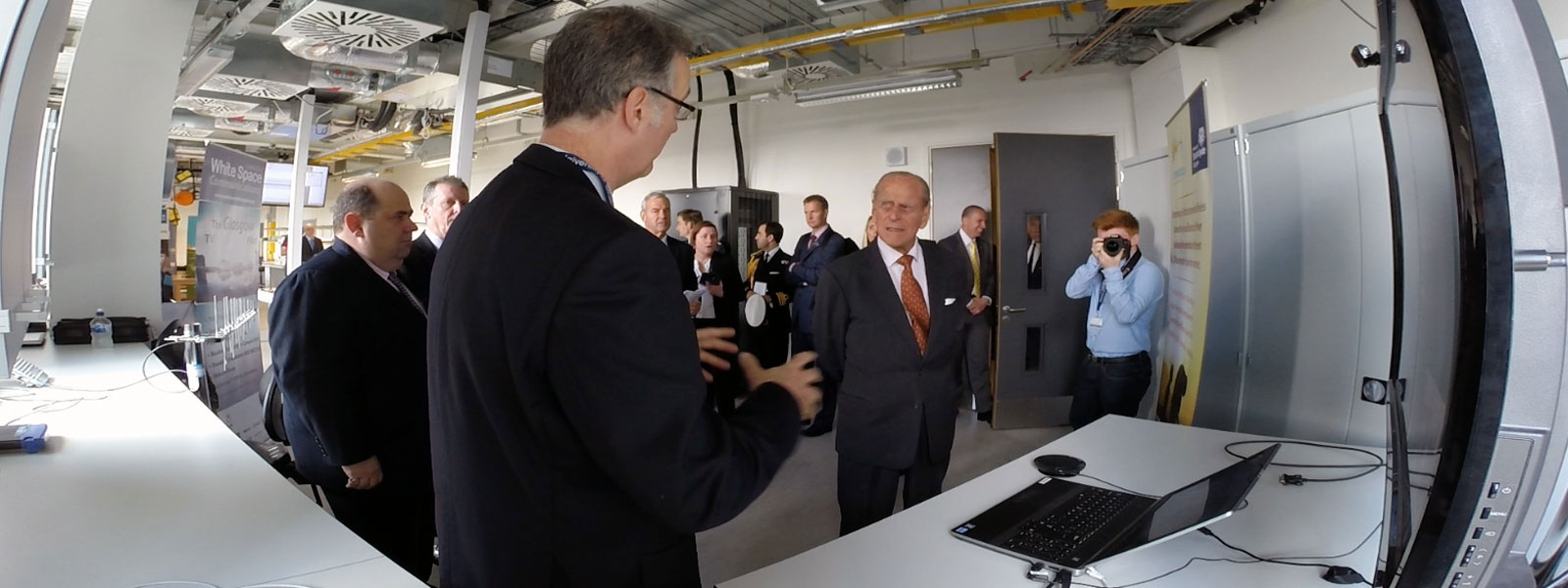 The Duke of Edinburgh is shown around the Centre for White Space Communications.