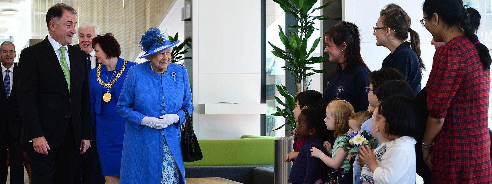 Principal, Professor Sir Jim McDonald introduces The Queen to members of Strathclyde's creche.