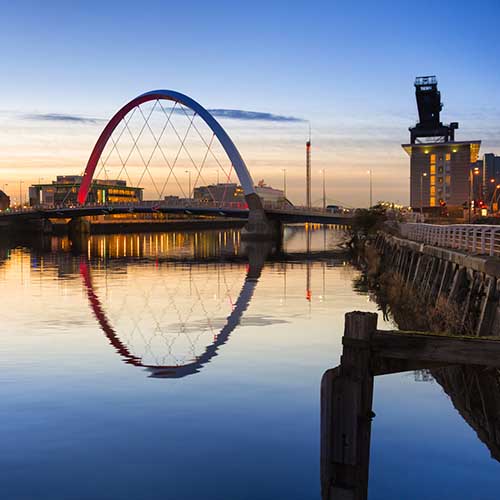 River Clyde at dusk with the Clyde Arc (Squinty Bridge) lit up