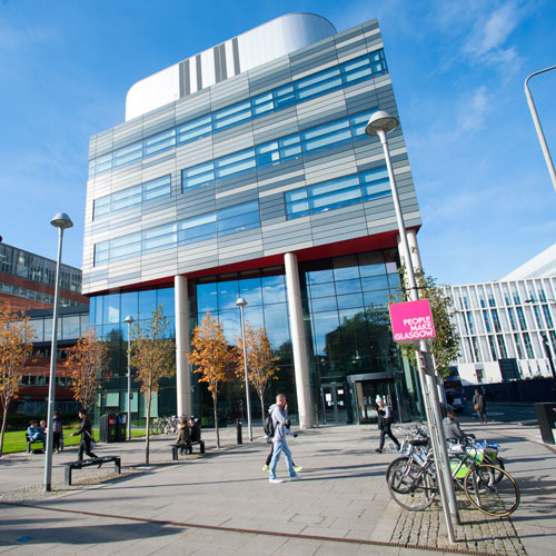 students walking outside the Strathclyde Institute for Pharmacy & Biomedical Sciences building
