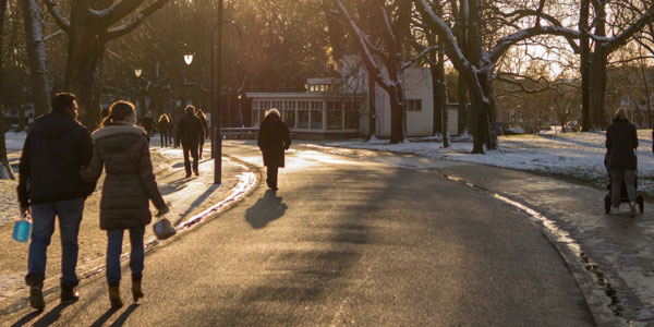 people walking in the park on a cold snowy day