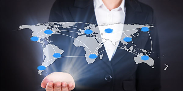 Businesswoman showing connected world map representing globalisation