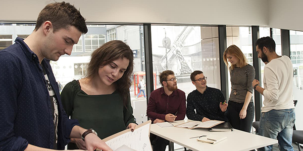 Humanities students hold a meeting in Technology & Innovation Centre