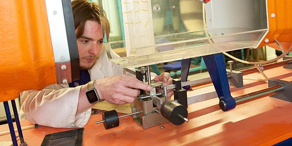 Student prepares for a series of tests in Mechanical & Aerospace Engineering department's wind tunnel
