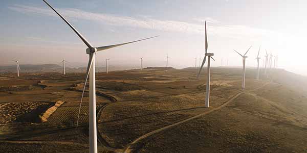 A group of wind turbines at sunset