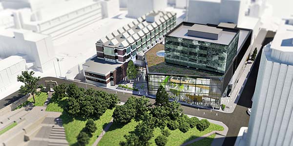 Artists impression and aerial view of the Learning & Teaching building.