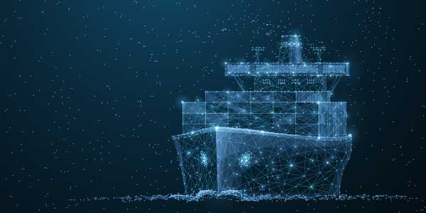 Abstract wireframe drawing of cargo ship.