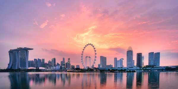 singapore skyline at sunset.