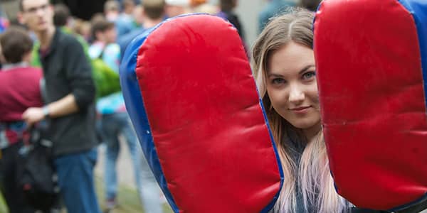 Student demonstrating Muay Thai at Freshers' Week Sports Fair