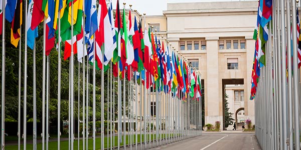 United Nations building with rows of flags.