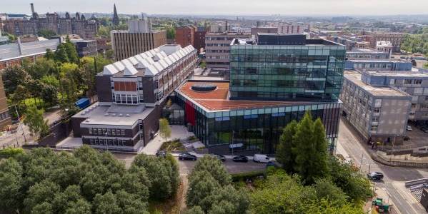 Aerial view of the Learning and Teaching Building and Rottenrow Gardens looking east