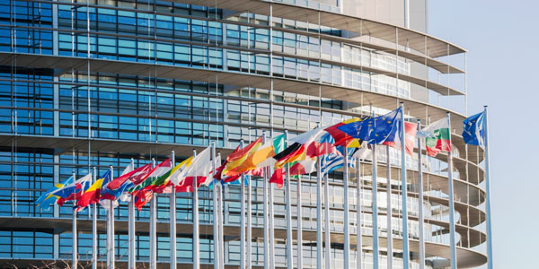 flags flying outside the EU parliament