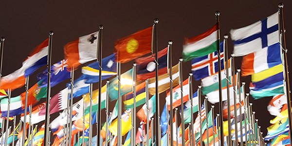 International flags flying from poles