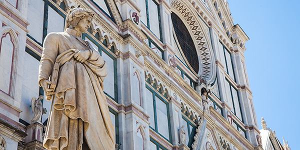 Dante statute outside church in Florence, Italy