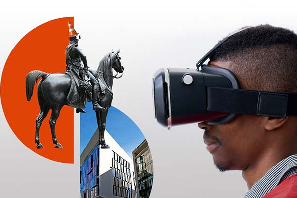 Strathclyde Inspire montage. University building, Person wearing VR headset and Duke of Wellington statue.