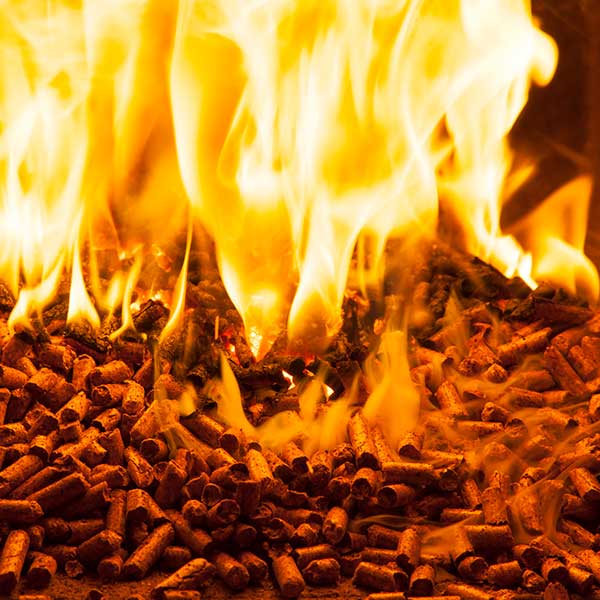 Closeup of burning wood pellets in oven.