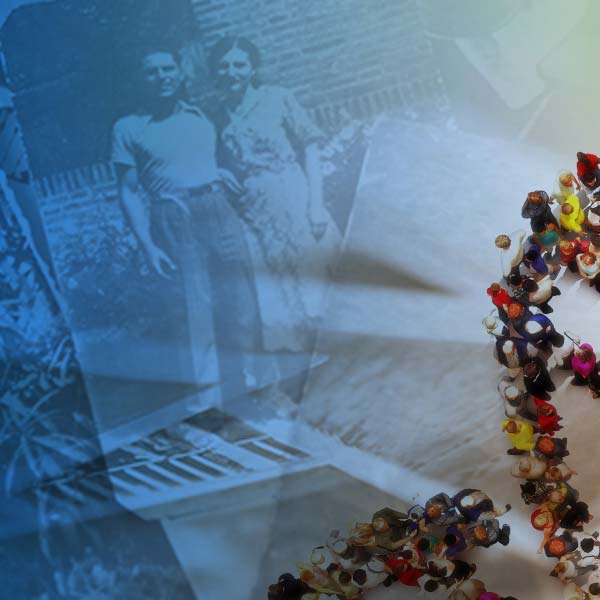 DNA strand consisting of a group of people, overlaid on top old photographs.