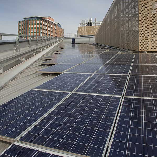 Solar panels on campus building's roof with livingstone tower in the background Solar panels on campus building's roof with livingstone tower in the background