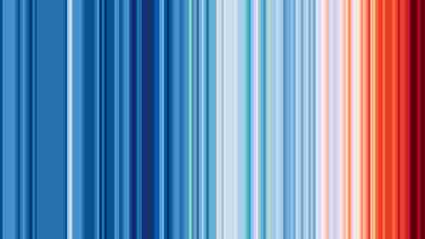 Different coloured stripes from light blue to dark red showing temperatures by year